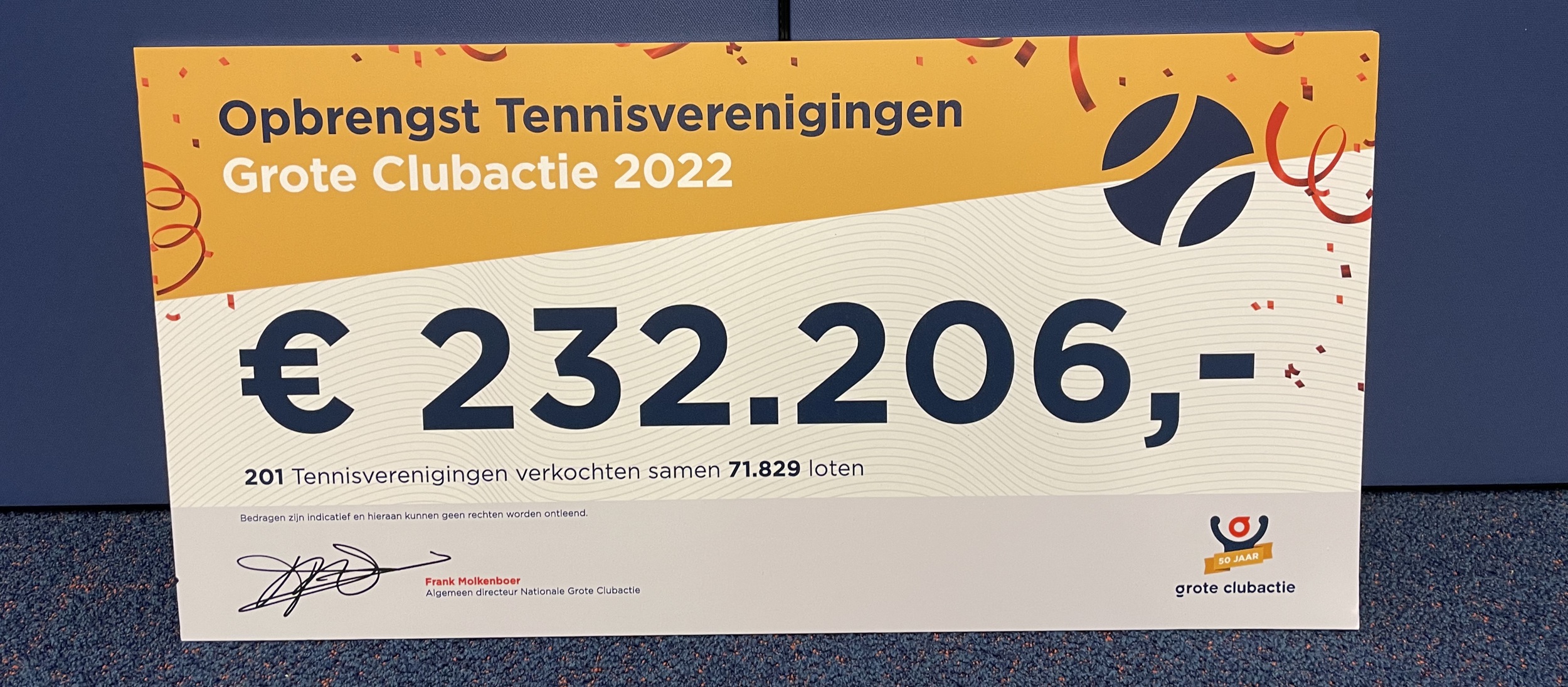 Opbrengst tennisverenigingen grote clubactie 2022